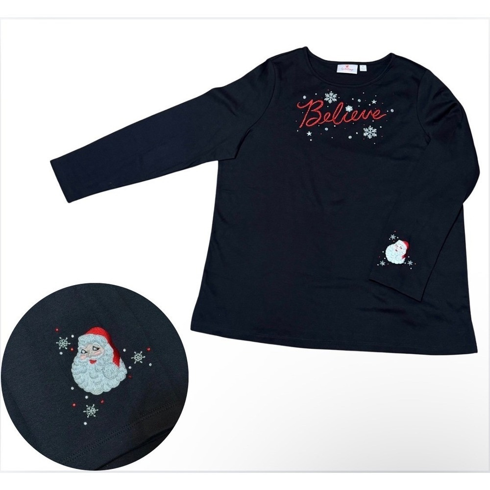 Quacker Factory Christmas Black 3/4 Sleeve XL Believe Santa On Sleeve Granny New